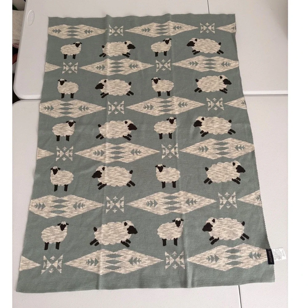 Pendleton Sheep Knit Throw Blanket Sage Green Cotton Southwestern Farmhouse ss